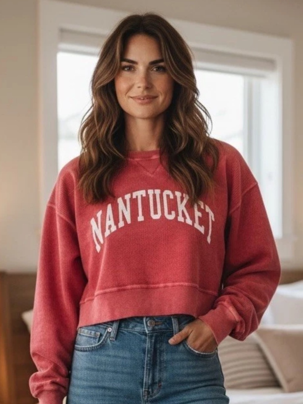 Chicka-d Nantucket Cropped Sweatshirt Medium Washed Red Ribbed Oversized EC